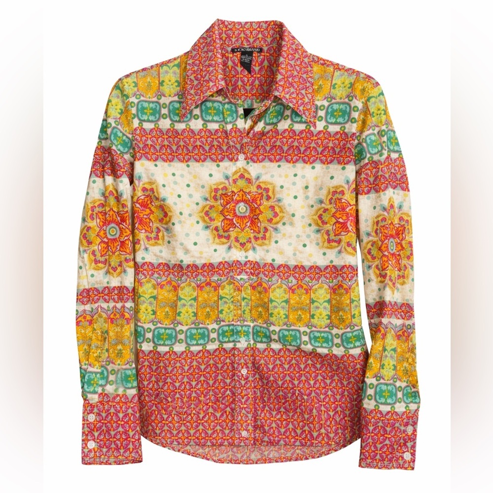 Lucky Brand Boho Patchwork Tile Print Button Shirt Retro Festival- Medium